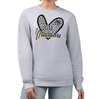 Women's G-III 4Her by Carl Banks Heather Gray Golden State Warriors Leopard Heart Fleece Pullover Sweatshirt