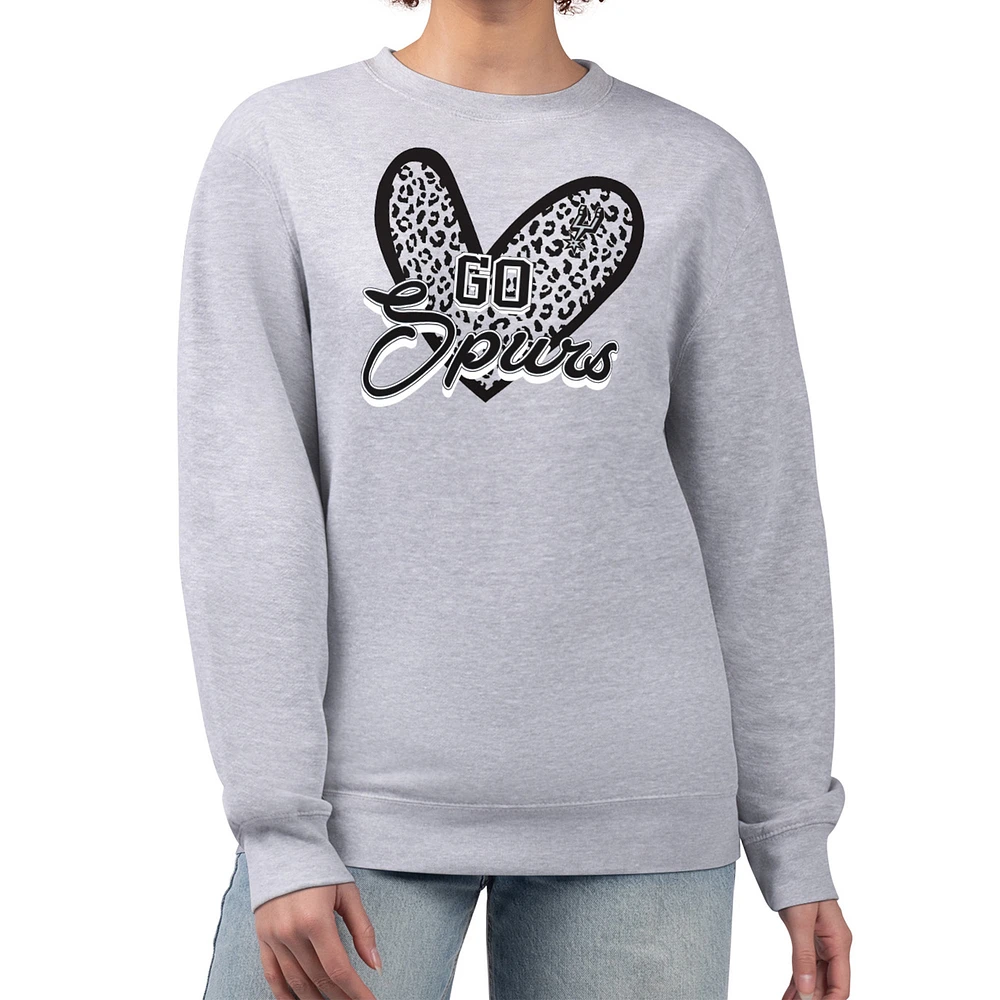 Women's G-III 4Her by Carl Banks Heather Gray San Antonio Spurs Leopard Heart Fleece Pullover Sweatshirt