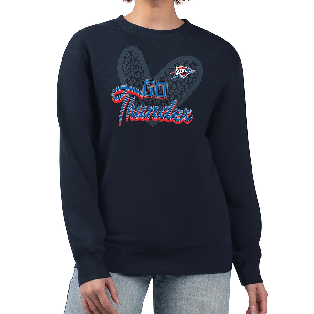 Women's G-III 4Her by Carl Banks Navy Oklahoma City Thunder Leopard Heart Fleece Pullover Sweatshirt