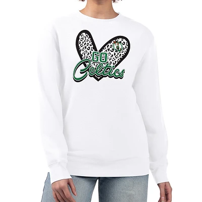 Women's G-III 4Her by Carl Banks White Boston Celtics Leopard Heart Fleece Pullover Sweatshirt