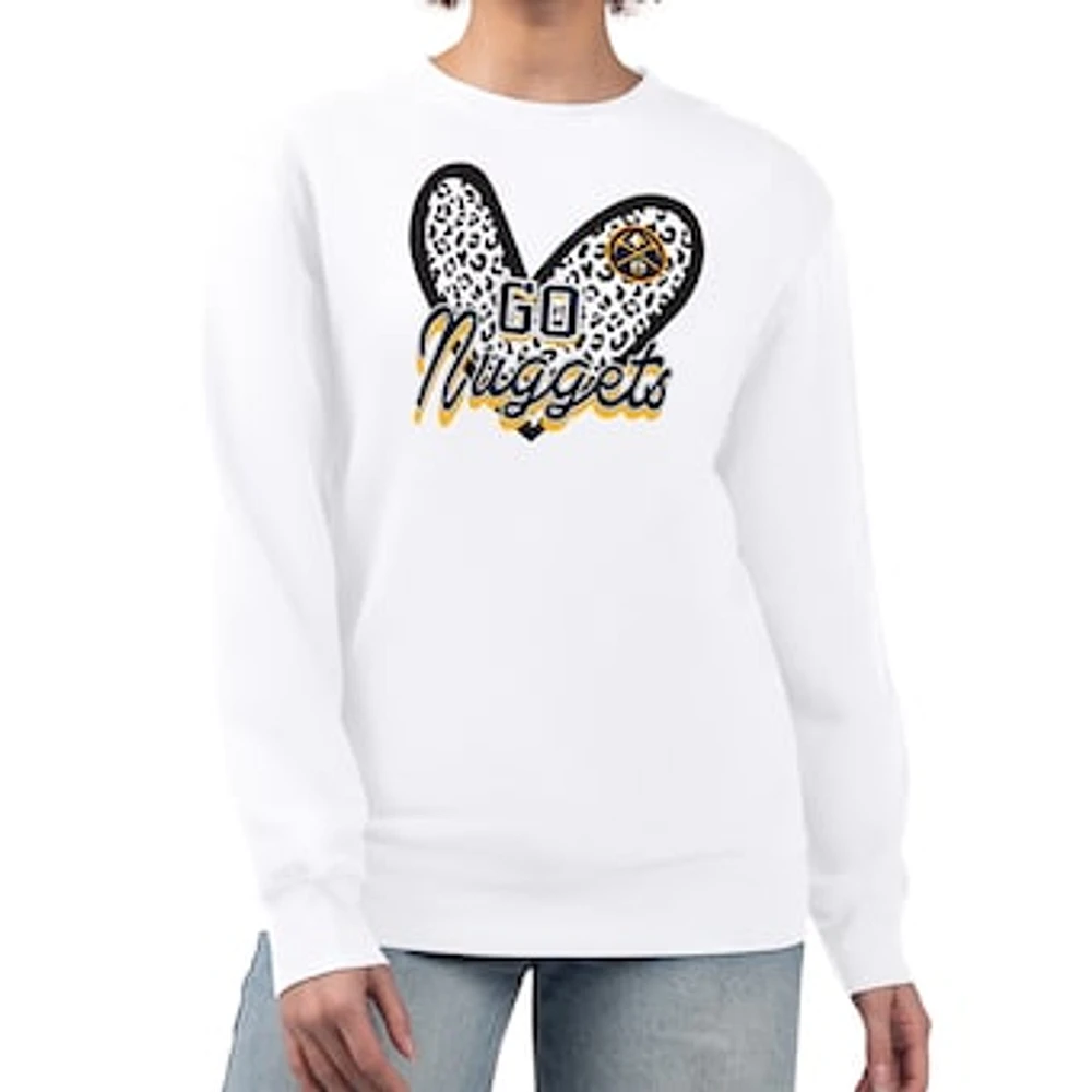 Women's G-III 4Her by Carl Banks White Denver Nuggets Leopard Heart Fleece Pullover Sweatshirt