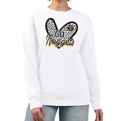 Women's G-III 4Her by Carl Banks White Denver Nuggets Leopard Heart Fleece Pullover Sweatshirt