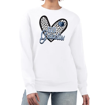 Women's G-III 4Her by Carl Banks White Memphis Grizzlies Leopard Heart Fleece Pullover Sweatshirt