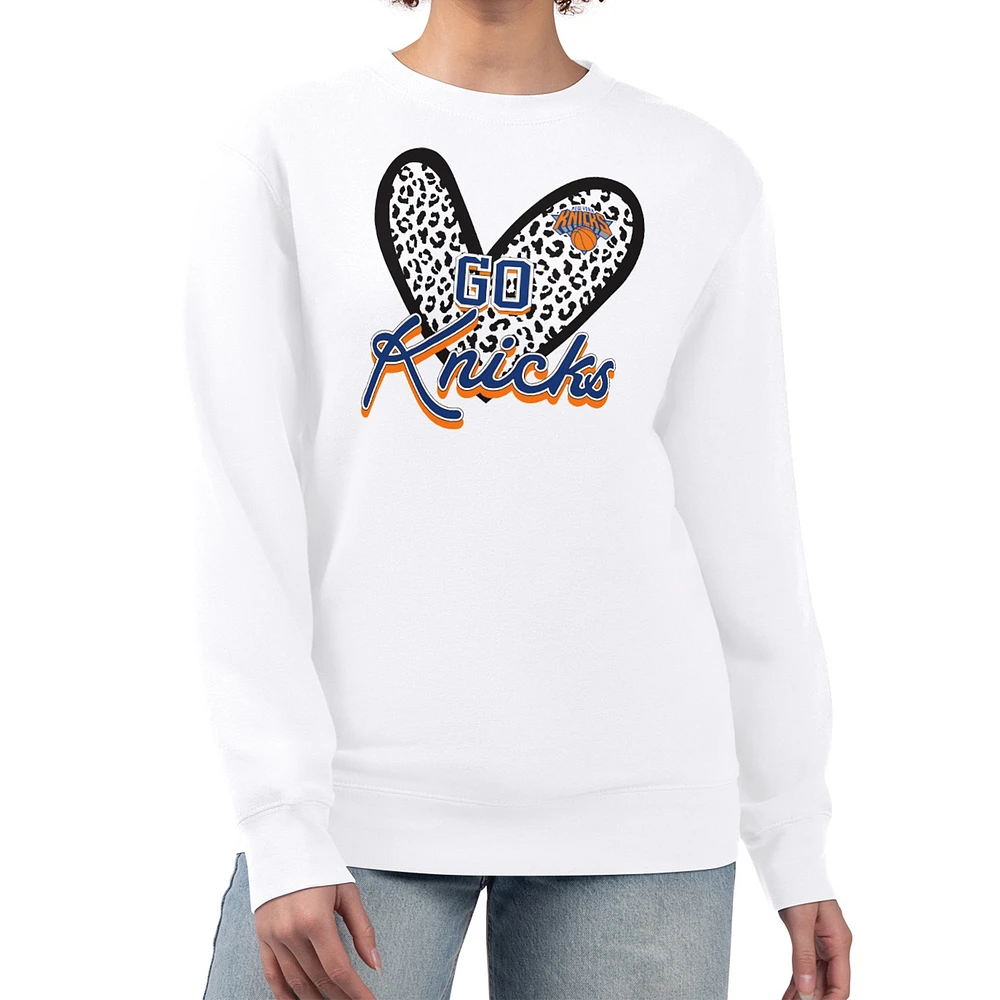 Women's G-III 4Her by Carl Banks White New York Knicks Leopard Heart Fleece Pullover Sweatshirt
