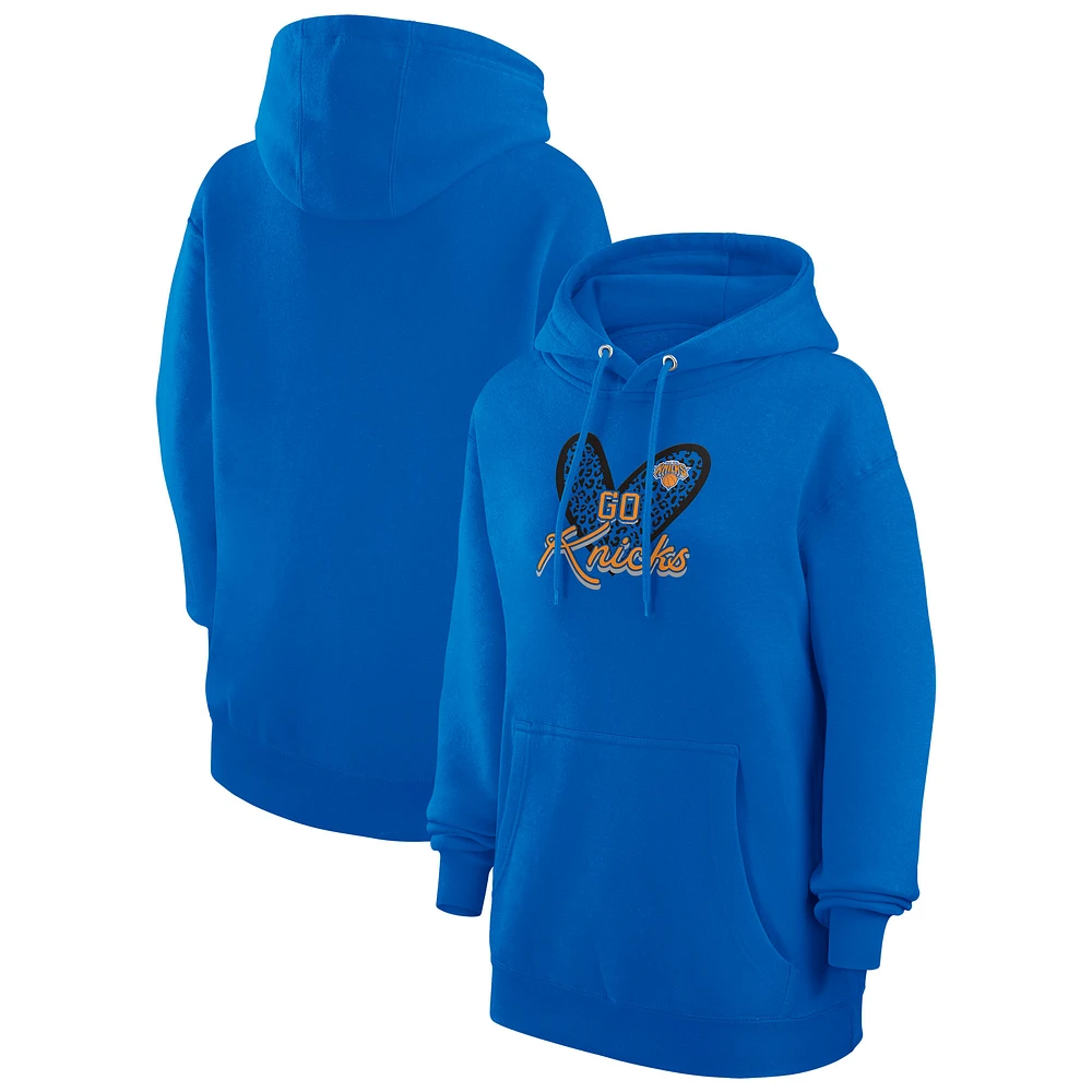 Women's G-III 4Her by Carl Banks Blue New York Knicks Leopard Heart Graphic Fleece Pullover Hoodie