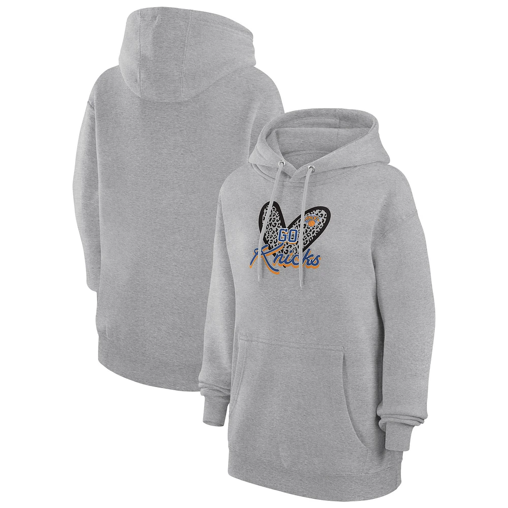 Women's G-III 4Her by Carl Banks Heather Gray New York Knicks Leopard Heart Graphic Fleece Pullover Hoodie