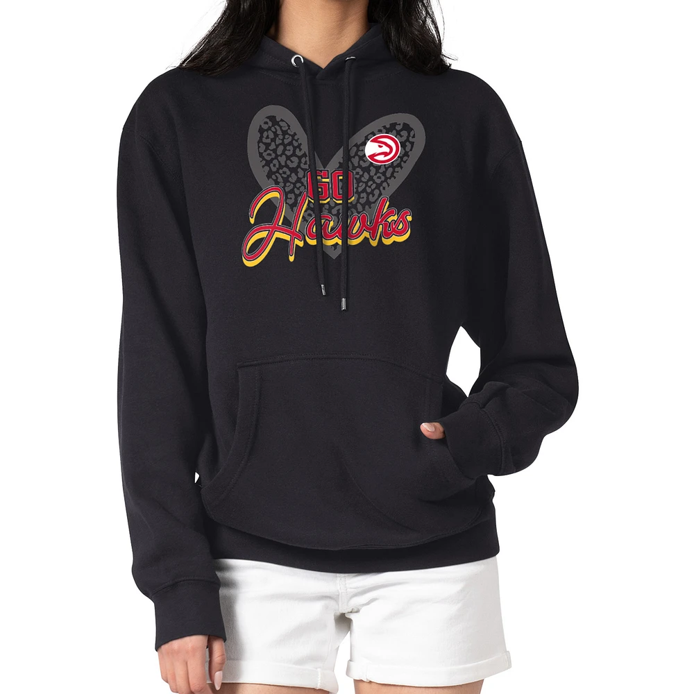 Women's G-III 4Her by Carl Banks Black Atlanta Hawks Leopard Heart Graphic Fleece Pullover Hoodie