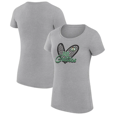Women's G-III 4Her by Carl Banks Heather Gray Boston Celtics Super-Slim Fit Lightweight Leopard Heart T-Shirt