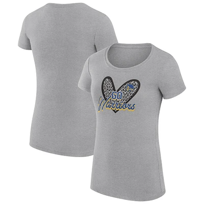 Women's G-III 4Her by Carl Banks Heather Gray Golden State Warriors Super-Slim Fit Lightweight Leopard Heart T-Shirt