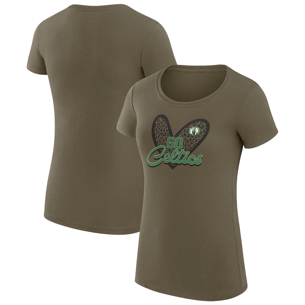 Women's G-III 4Her by Carl Banks Hunter Green Boston Celtics Super-Slim Fit Lightweight Leopard Heart T-Shirt