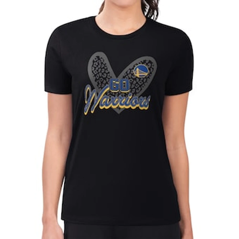 Women's G-III 4Her by Carl Banks Golden State Warriors Super-Slim Fit Lightweight Leopard Heart T-Shirt