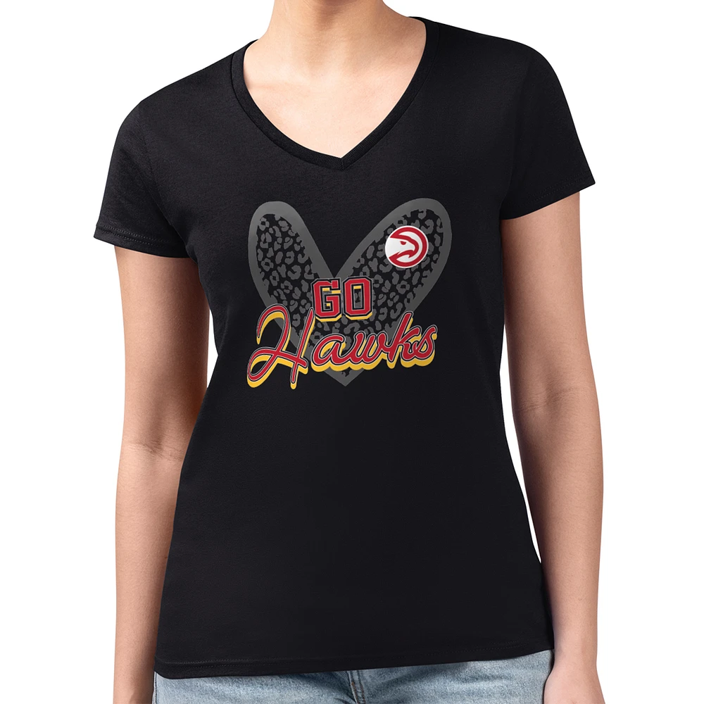 Women's G-III 4Her by Carl Banks Black Atlanta Hawks Super-Slim Fit Lightweight Leopard Heart V-Neck T-Shirt