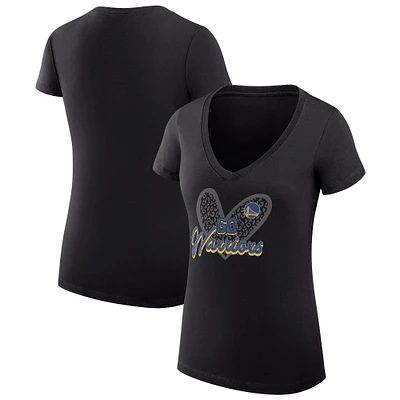 Women's G-III 4Her by Carl Banks Black Golden State Warriors Super-Slim Fit Lightweight Leopard Heart V-Neck T-Shirt