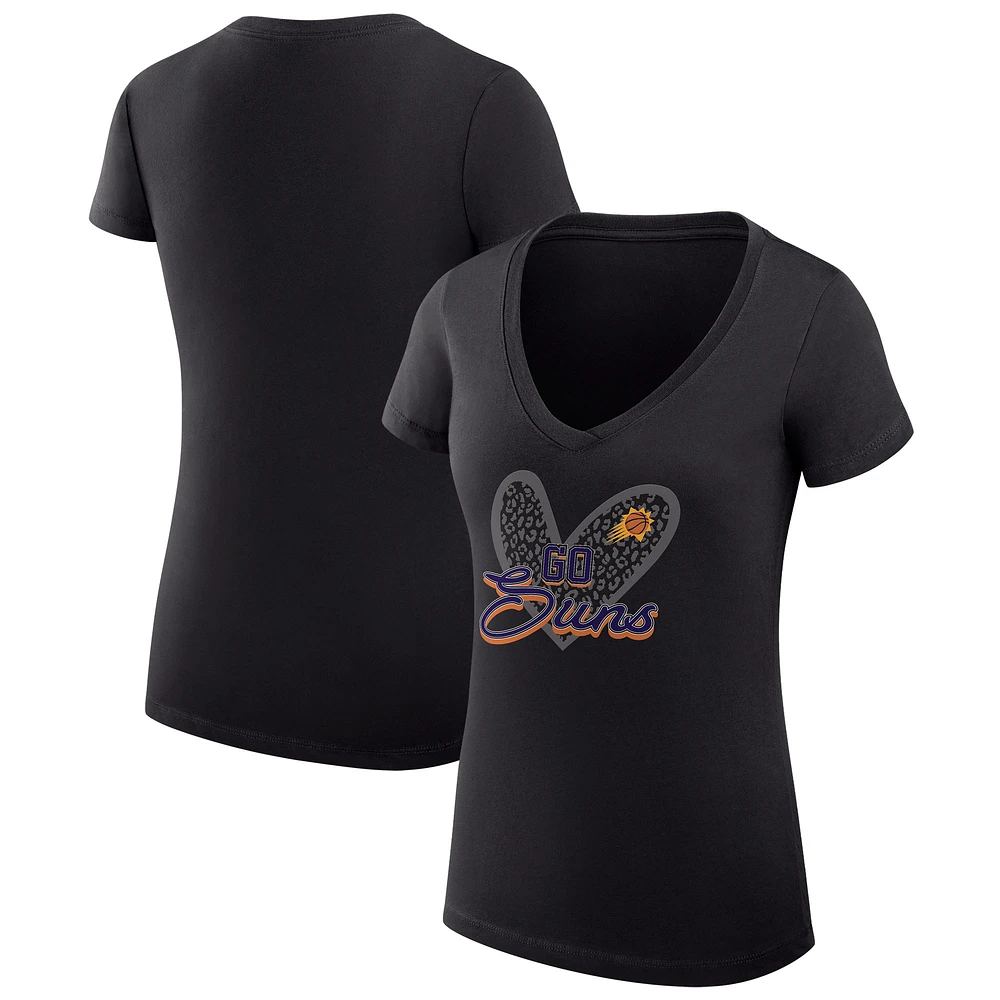 Women's G-III 4Her by Carl Banks Black Phoenix Suns Super-Slim Fit Lightweight Leopard Heart V-Neck T-Shirt