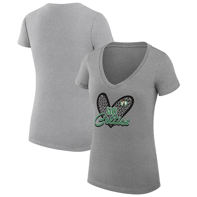 Women's G-III 4Her by Carl Banks Heather Gray Boston Celtics Super-Slim Fit Lightweight Leopard Heart V-Neck T-Shirt