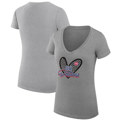 Women's G-III 4Her by Carl Banks Heather Gray Detroit Pistons Super-Slim Fit Lightweight Leopard Heart V-Neck T-Shirt