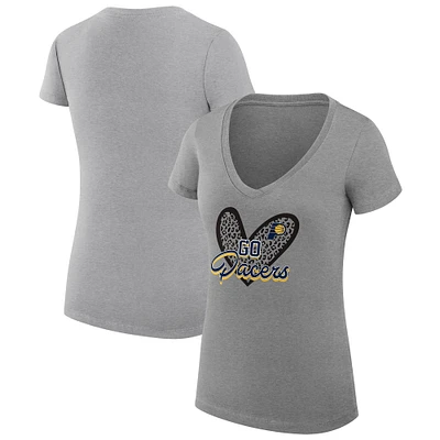 Women's G-III 4Her by Carl Banks Heather Gray Indiana Pacers Super-Slim Fit Lightweight Leopard Heart V-Neck T-Shirt