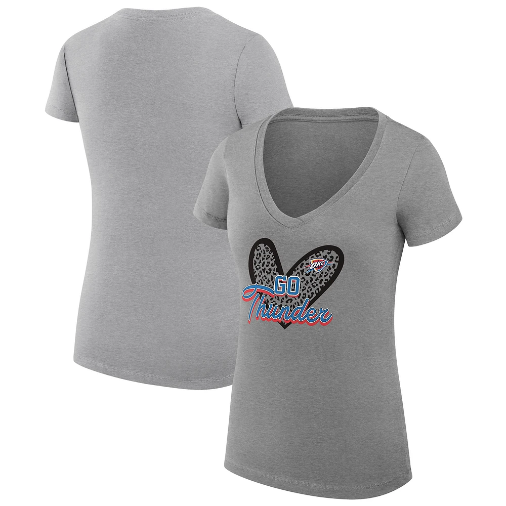 Women's G-III 4Her by Carl Banks Heather Gray Oklahoma City Thunder Super-Slim Fit Lightweight Leopard Heart V-Neck T-Shirt