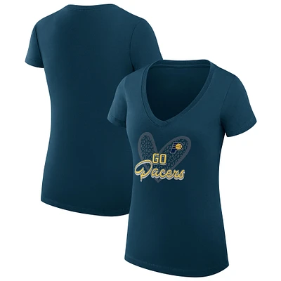 Women's G-III 4Her by Carl Banks Navy Indiana Pacers Super-Slim Fit Lightweight Leopard Heart V-Neck T-Shirt