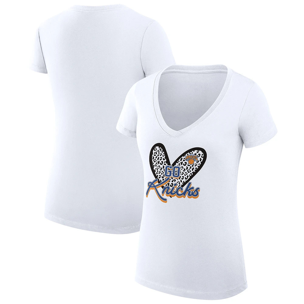 Women's G-III 4Her by Carl Banks White New York Knicks Super-Slim Fit Lightweight Leopard Heart V-Neck T-Shirt
