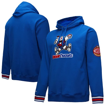 Men's Mitchell & Ness Blue Denver Nuggets Chainstitch Applique Vintage Heavyweight Pullover Hoodie