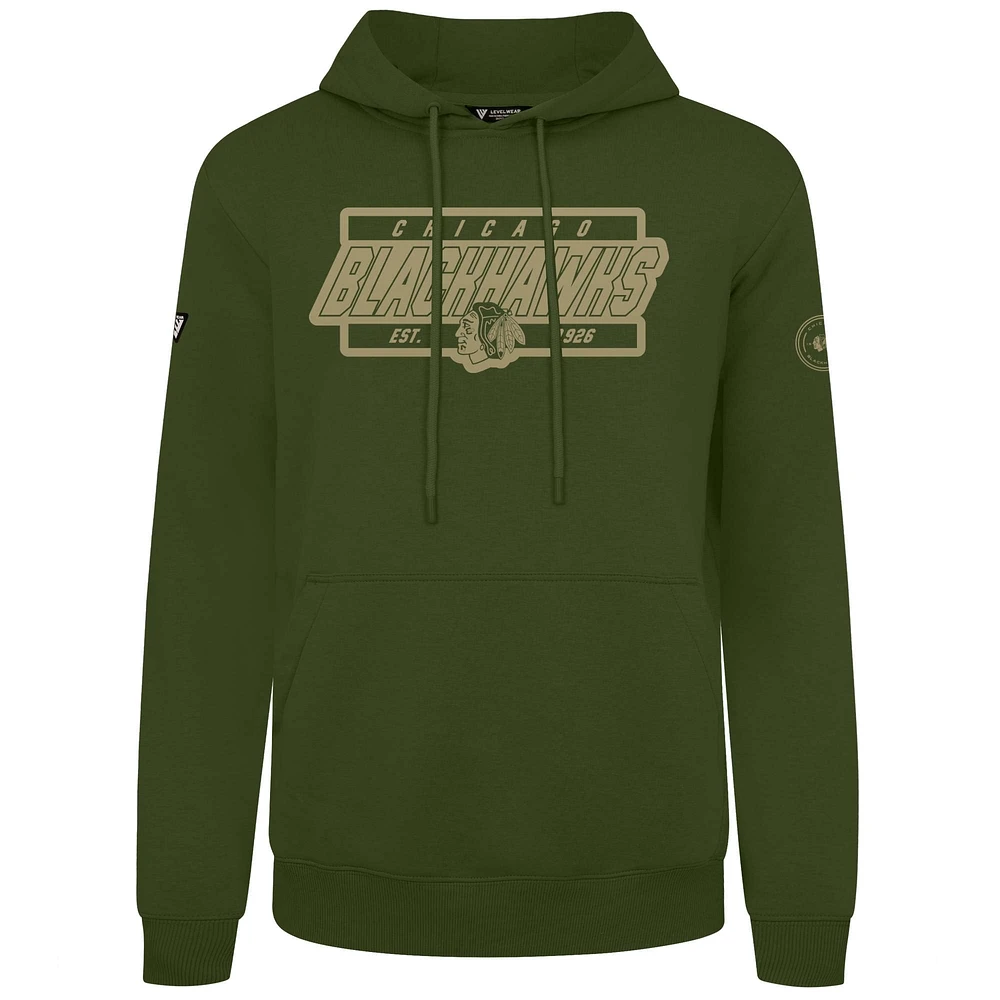 Men's Levelwear Olive Chicago Blackhawks Podium Pullover Hoodie