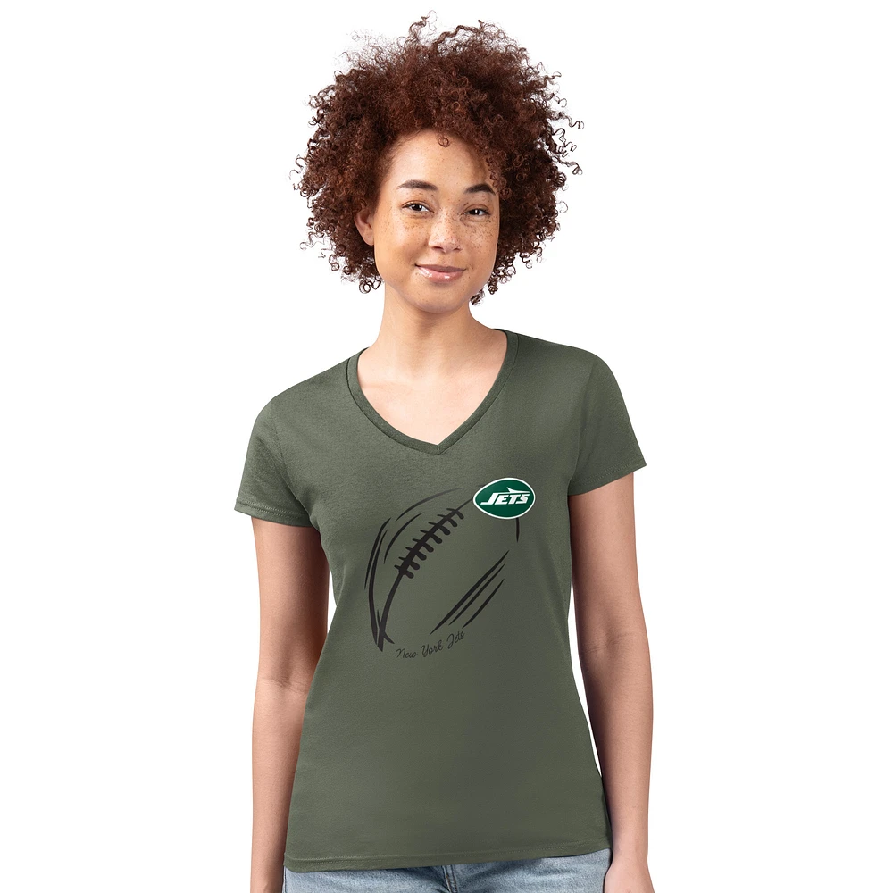 Women's G-III 4Her by Carl Banks Olive New York Jets Super-Slim Fit Lightweight Subtle Football V-Neck T-Shirt