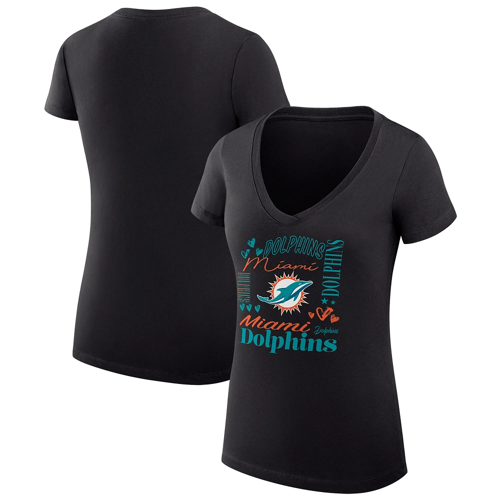 Women's G-III 4Her by Carl Banks Black Miami Dolphins Super-Slim Fit Lightweight Collage Team V-Neck T-Shirt