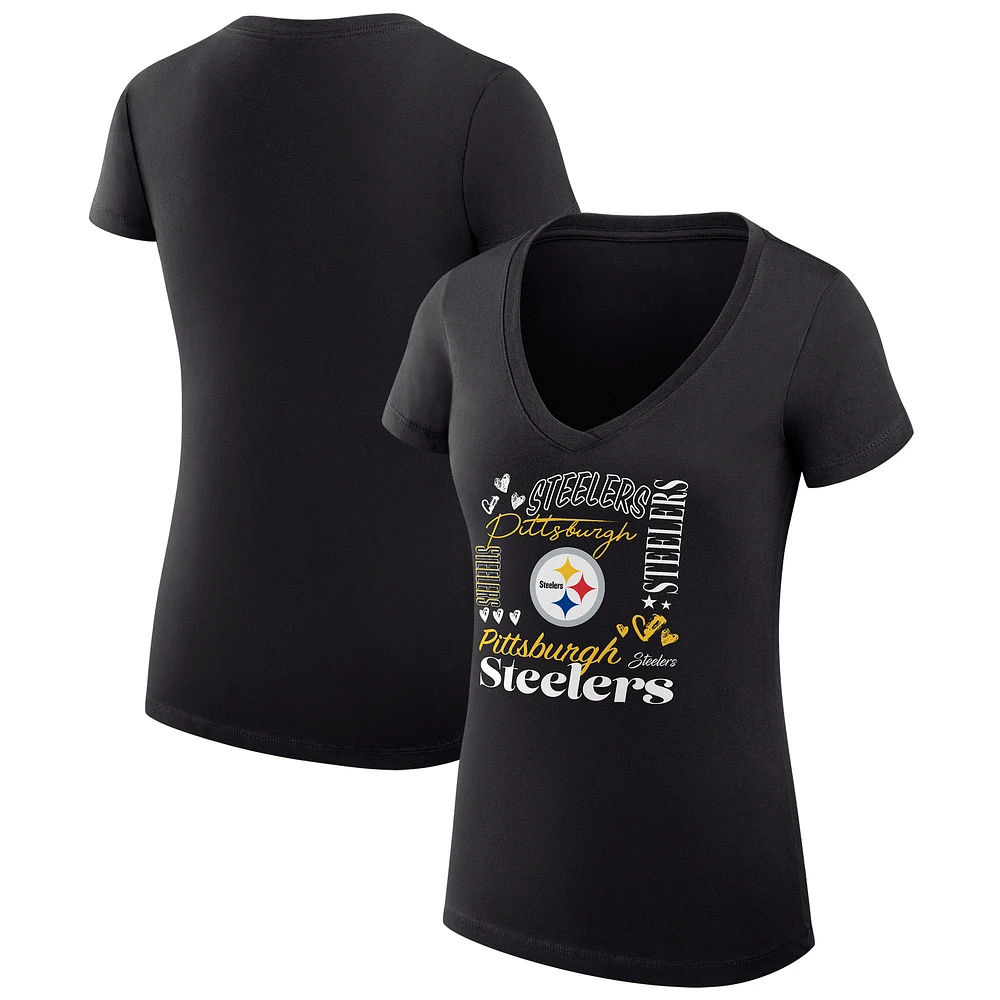Women's G-III 4Her by Carl Banks Black Pittsburgh Steelers Super-Slim Fit Lightweight Collage Team V-Neck T-Shirt