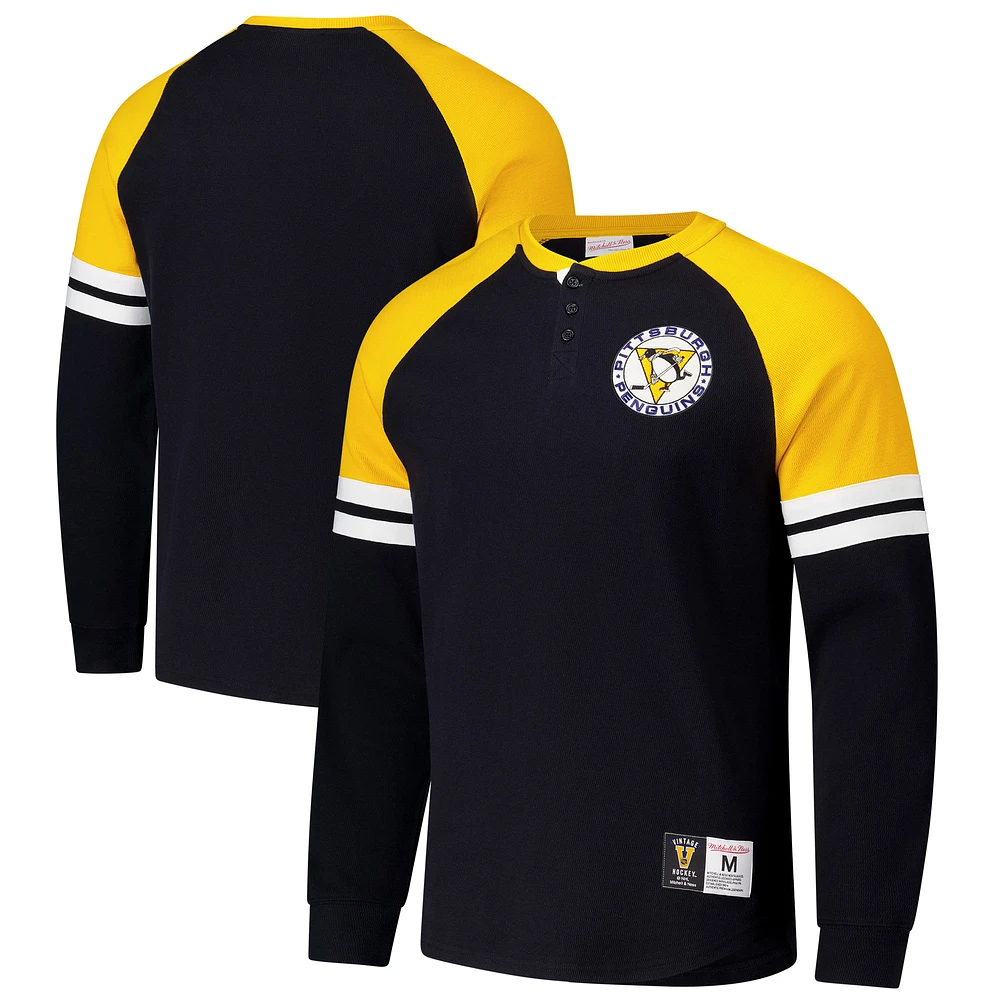 Men's Mitchell & Ness Black Pittsburgh Penguins Thermal Henley Long Sleeve T-Shirt