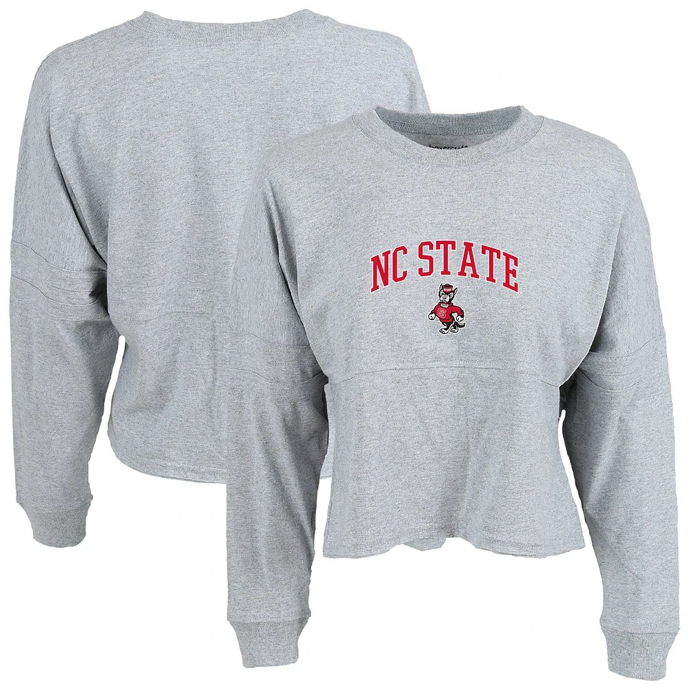 Women's Heather Gray NC State Wolfpack Oversized Cropped Retro Long Sleeve T-Shirt