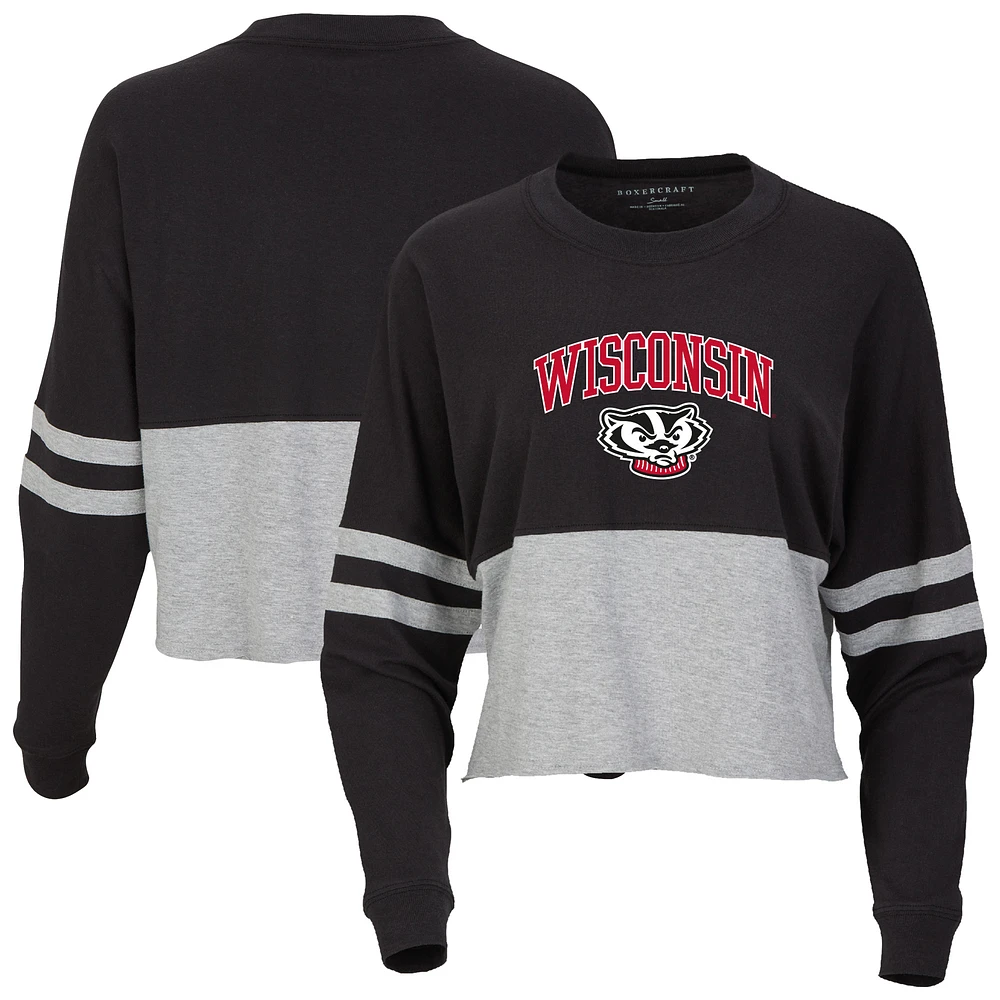 Women's Black Wisconsin Badgers Oversized Cropped Retro Long Sleeve T-Shirt