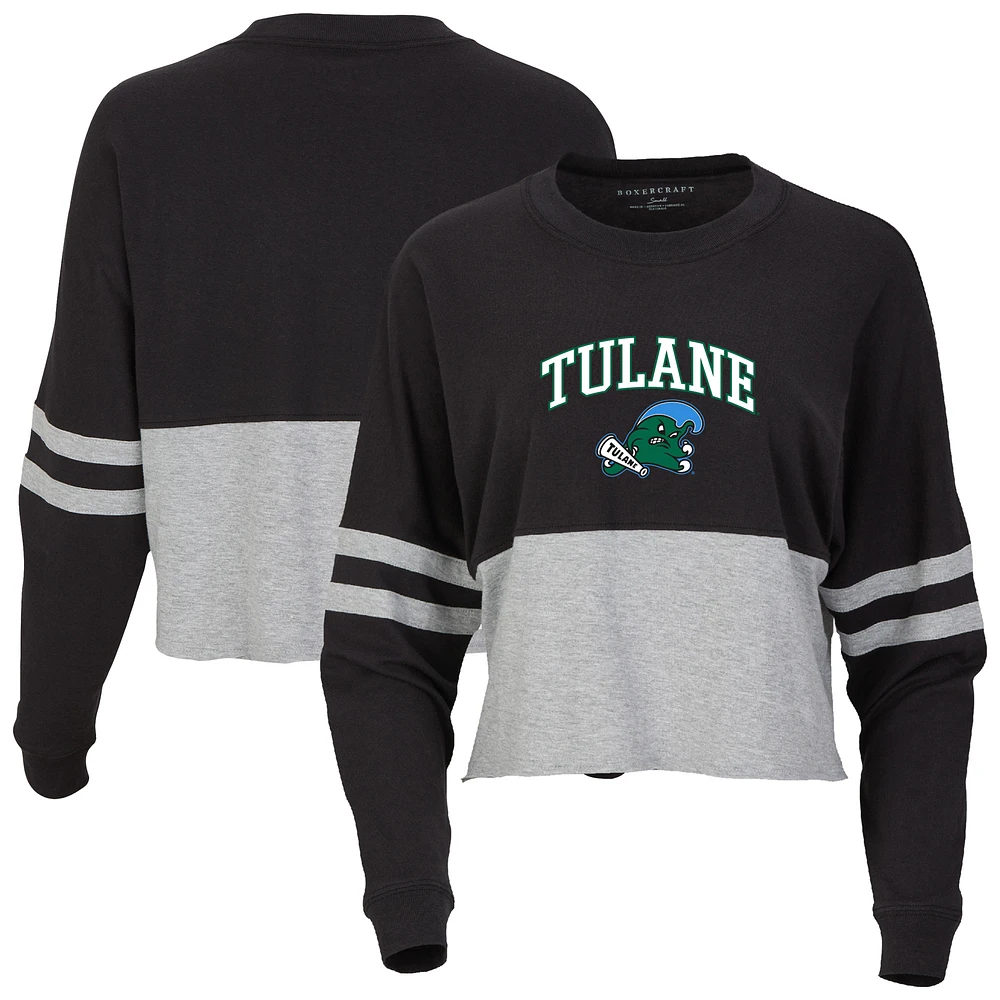 Women's Black Tulane Green Wave Oversized Cropped Retro Long Sleeve T-Shirt