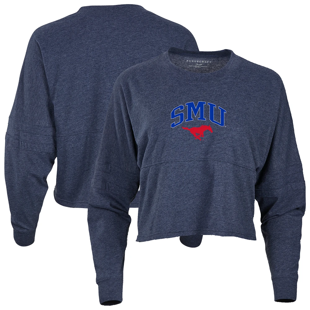 Women's Navy SMU Mustangs Oversized Cropped Retro Long Sleeve T-Shirt