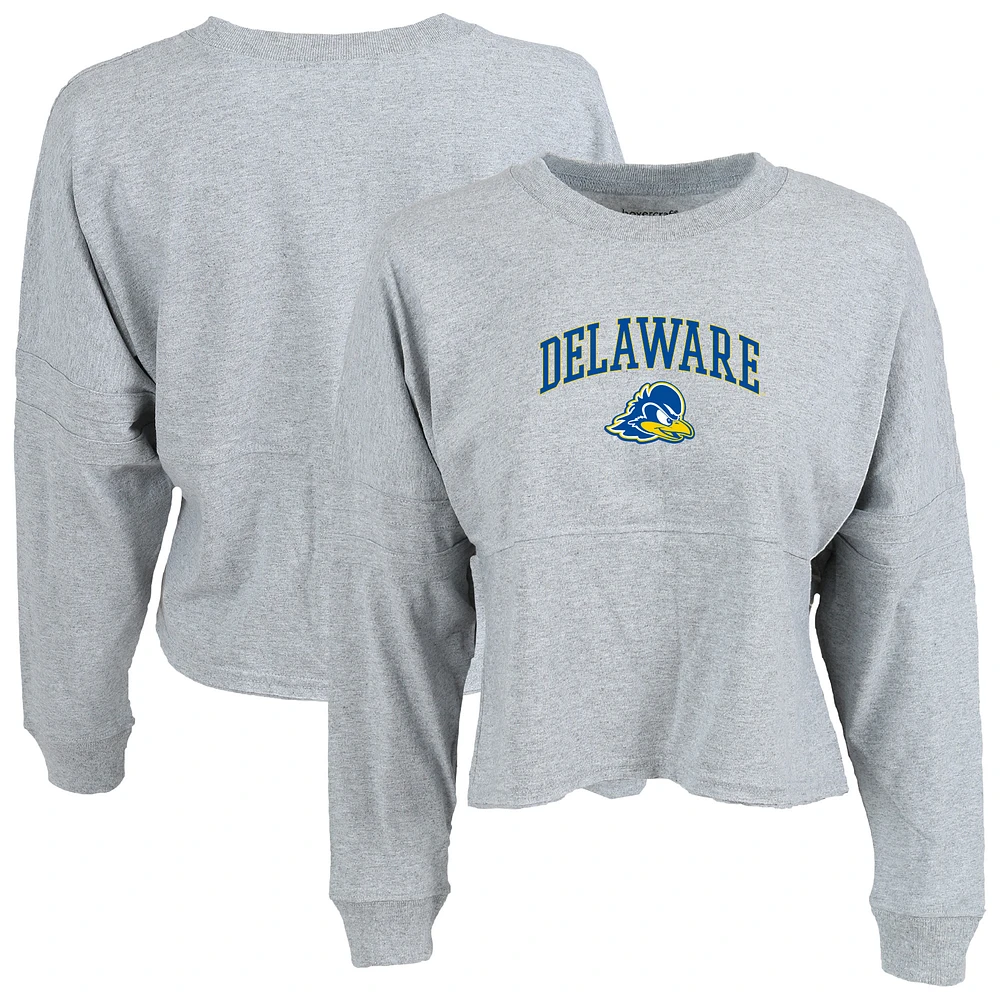 Women's Heather Gray Delaware Fightin' Blue Hens Oversized Cropped Retro Long Sleeve T-Shirt