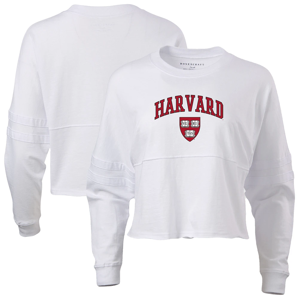 Women's White Harvard Crimson Oversized Cropped Retro Long Sleeve T-Shirt