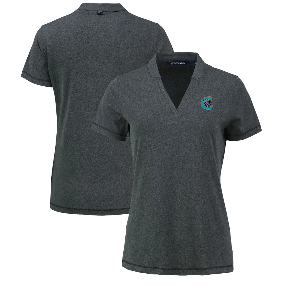 Women's Cutter & Buck Heather Black Charlotte Knights Forge Stretch Blade DryTec V-Neck Polo