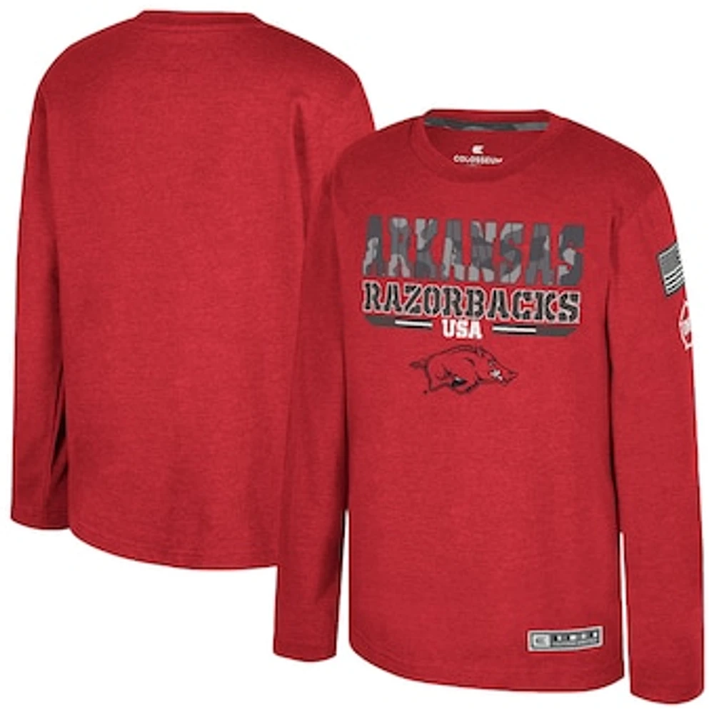Youth Colosseum Heather Cardinal Arkansas Razorbacks OHT Military Appreciation Oorah Long Sleeve T-Shirt
