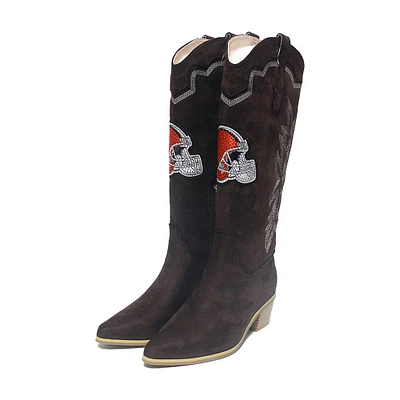 Women's Cuce Brown Cleveland Browns Rhinestone Faux Suede Cowboy Boots