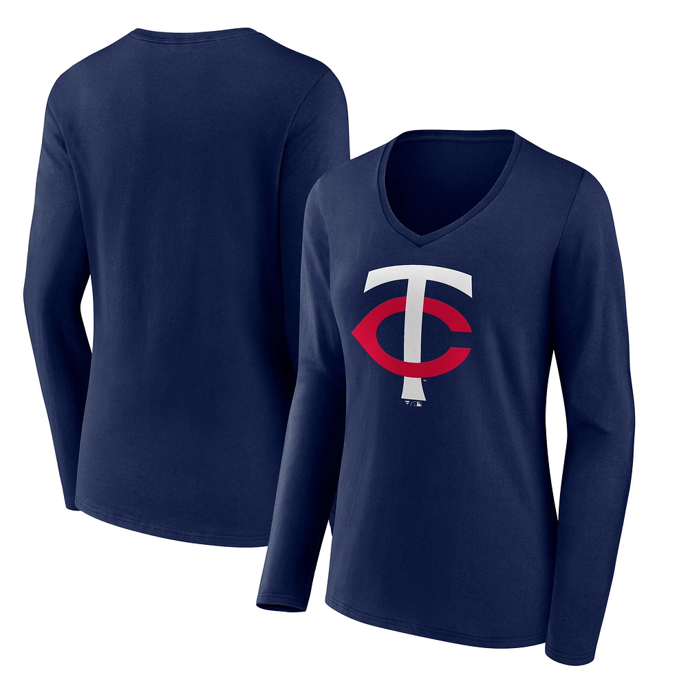 Women's Navy Minnesota Twins Core Official Logo Long Sleeve V-Neck T-Shirt