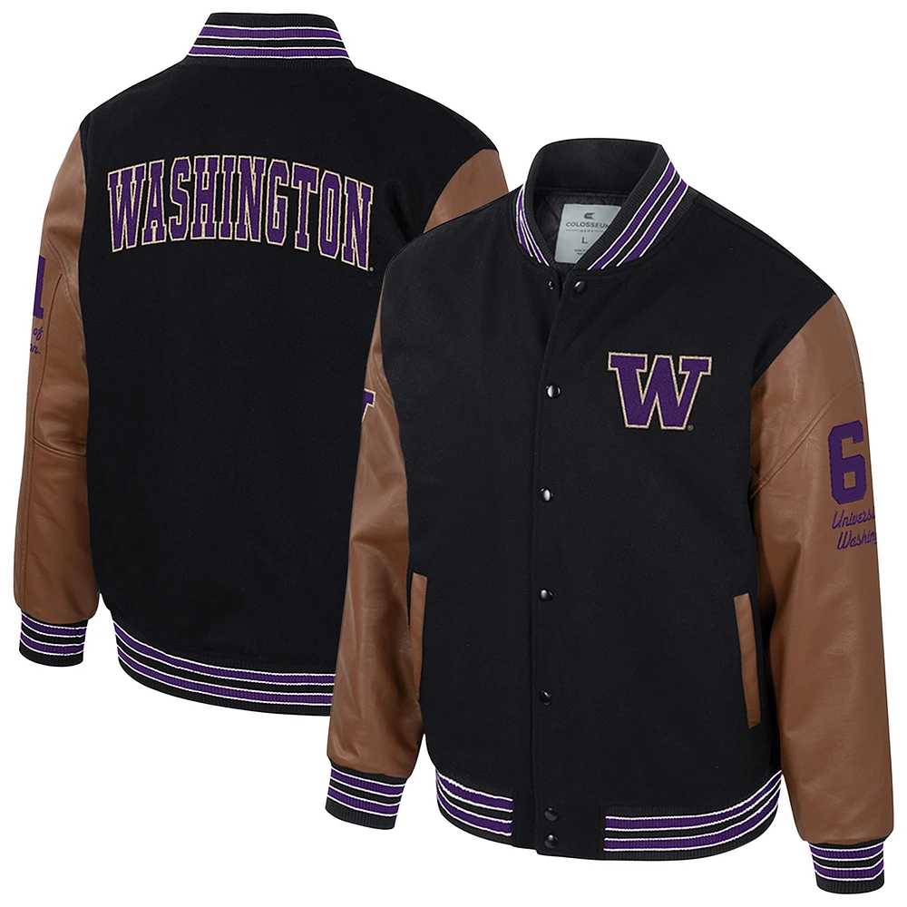 Men's Colosseum Black Washington Huskies Letterman Full-Snap Varsity Jacket