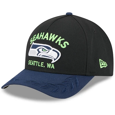 Youth New Era Black/College Navy Seattle Seahawks 2025 NFL Draft 9FORTY A-Frame M-Crown Adjustable Hat