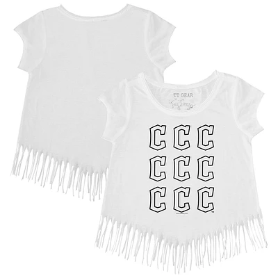 Girls Toddler Tiny Turnip White Cleveland Guardians Logo Grid Fringe T-Shirt