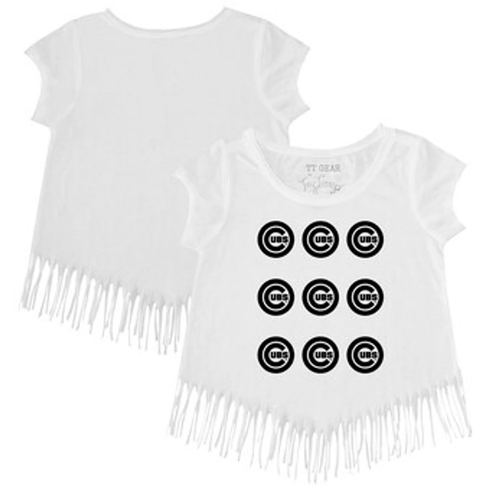 Girls Toddler Tiny Turnip White Chicago Cubs Logo Grid Fringe T-Shirt