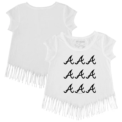 Girls Toddler Tiny Turnip White Atlanta Braves Logo Grid Fringe T-Shirt