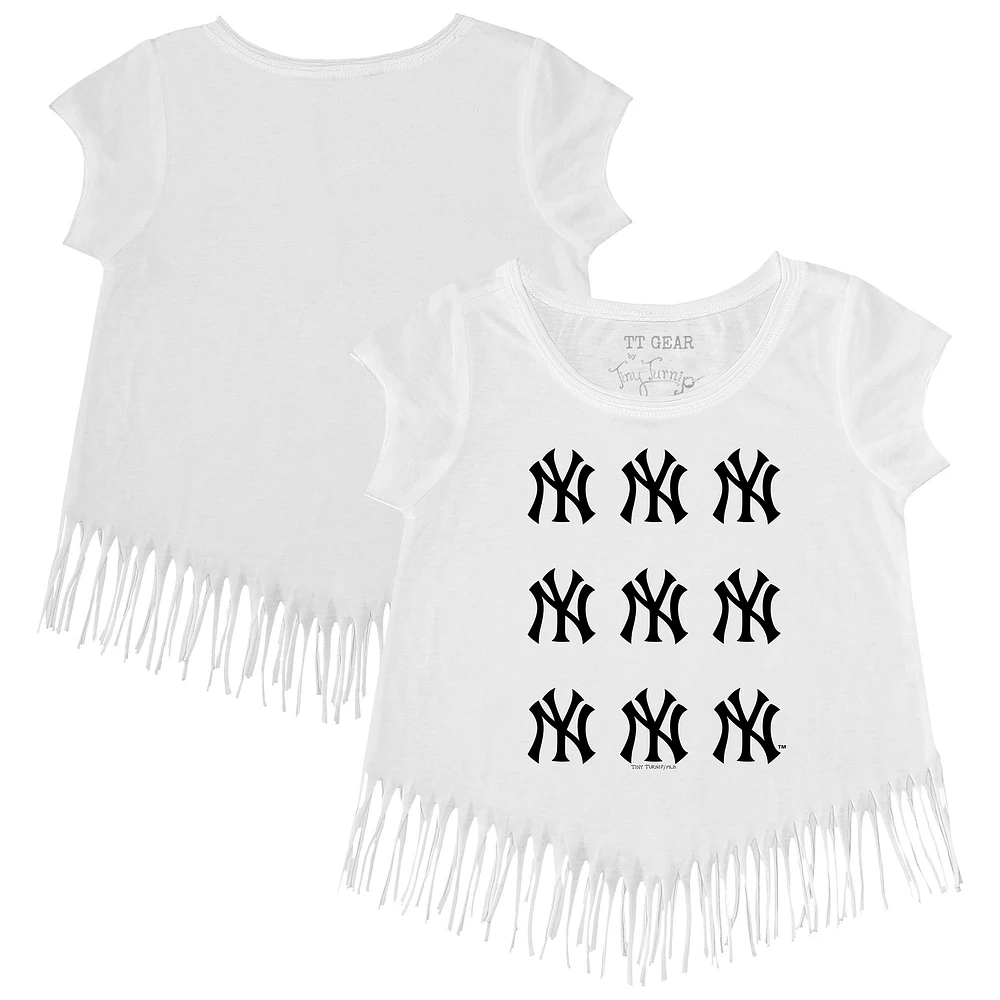 Girls Toddler Tiny Turnip White New York Yankees Logo Grid Fringe T-Shirt