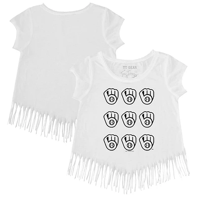 Girls Toddler Tiny Turnip White Milwaukee Brewers Logo Grid Fringe T-Shirt