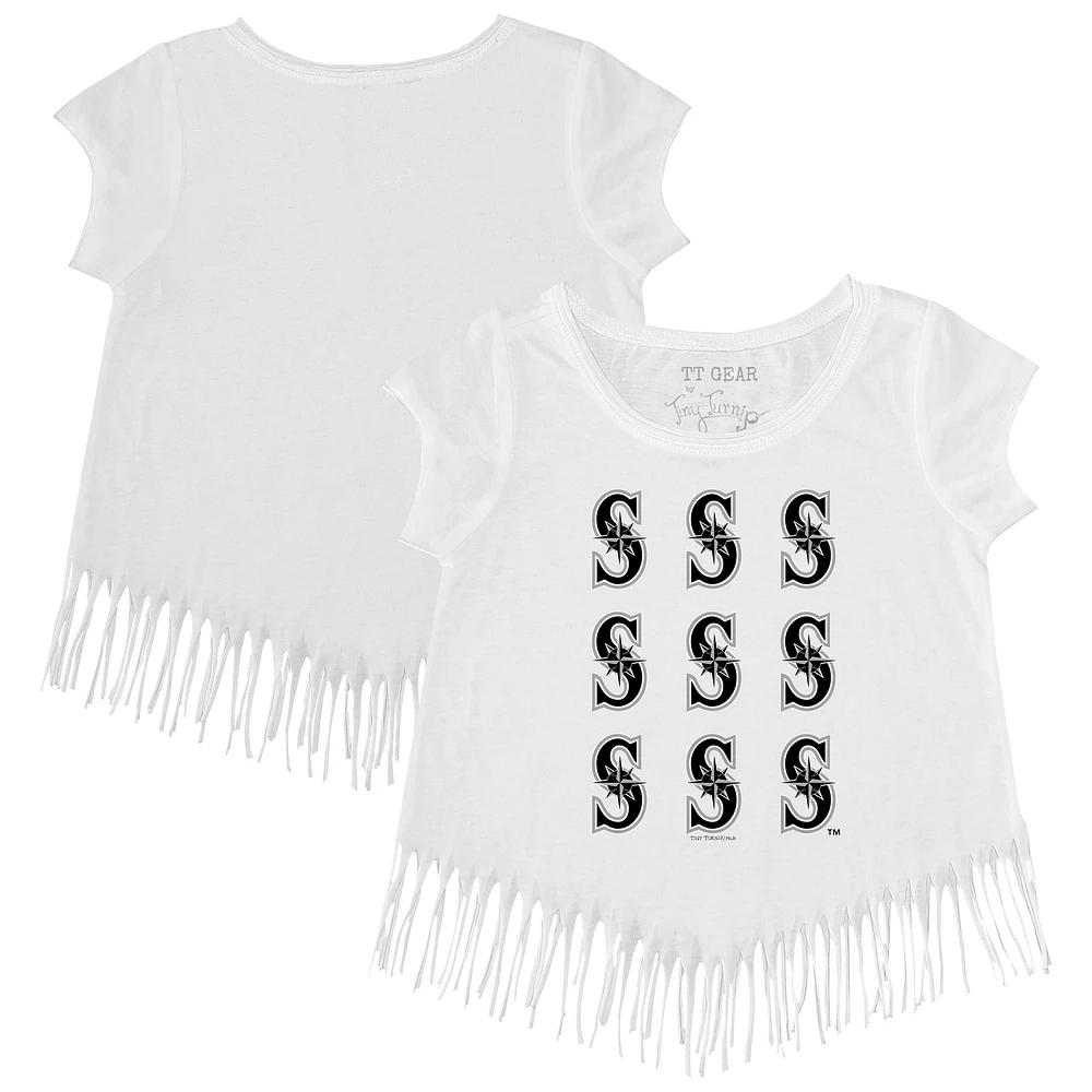 Girls Toddler Tiny Turnip White Seattle Mariners Logo Grid Fringe T-Shirt