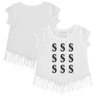 Girls Toddler Tiny Turnip White Seattle Mariners Logo Grid Fringe T-Shirt