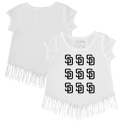 Girls Toddler Tiny Turnip White San Diego Padres Logo Grid Fringe T-Shirt